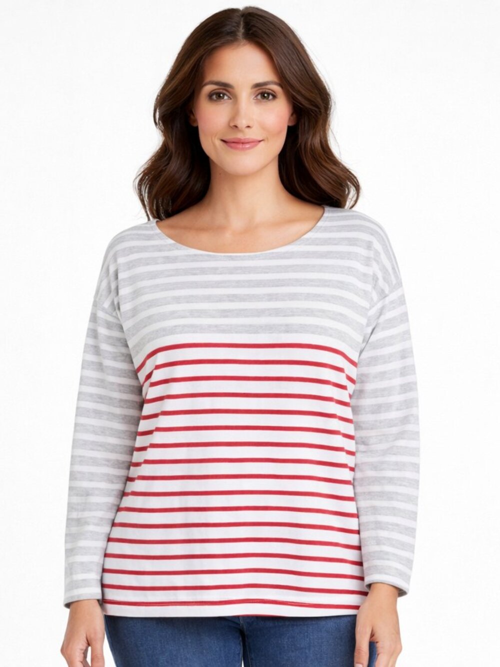 Gray Red Ivory Striped Long Sleeve Tee Fall Winter Spring Preppy Sailor School